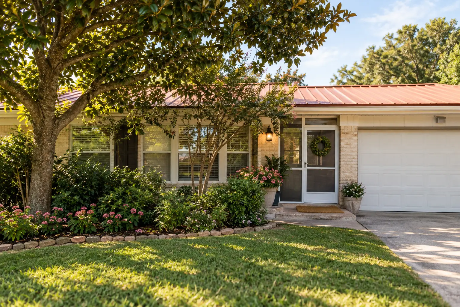 The front of a warm brick ranch home with a red metal roof, shaded by a large tree with flower beds and a green lawn