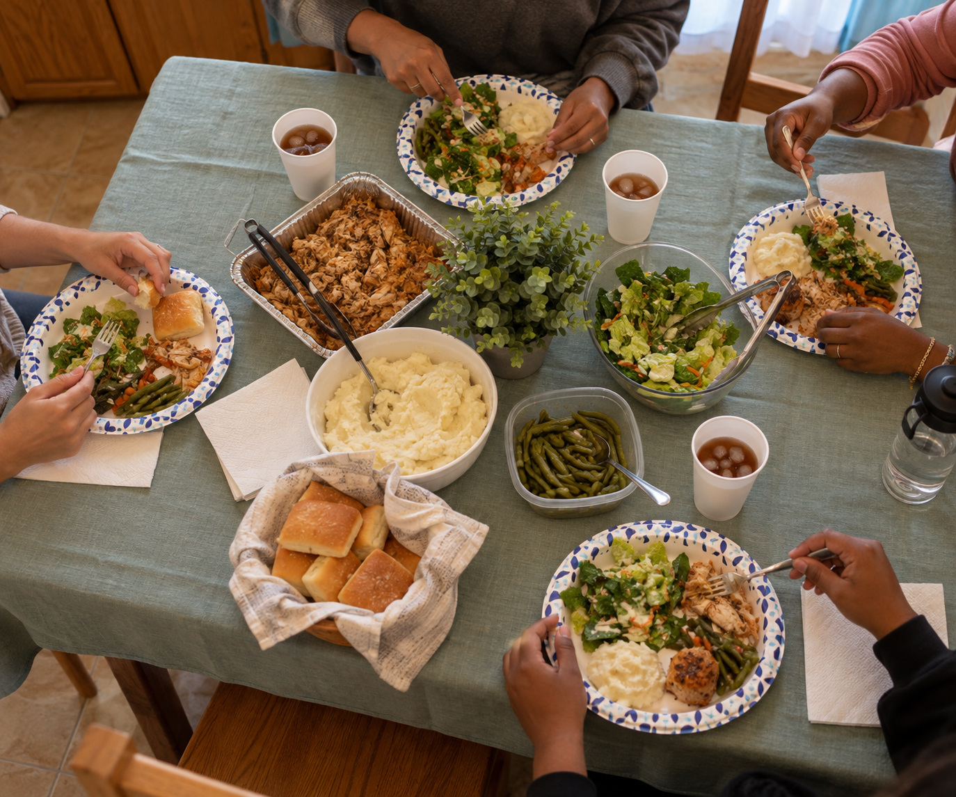 Residents gathered around a shared meal at the table, seen from above