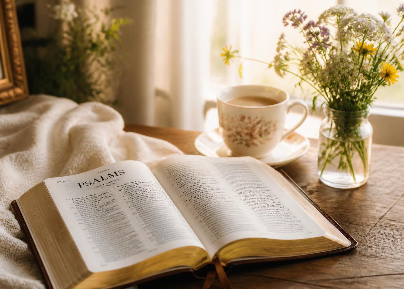 An open Bible beside wildflowers in soft morning light