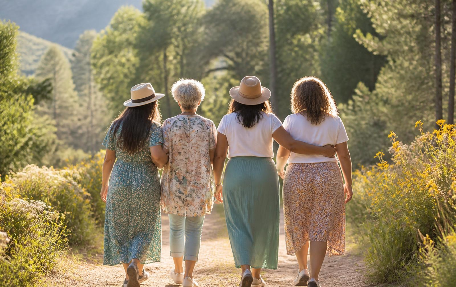 Women walking together on a sunlit path lined with wildflowers